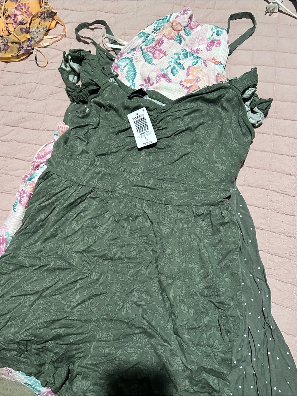 torrid olive green floral-print ruffle strap romper